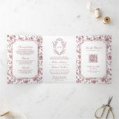 White Dusty Roos Chinoiserie Crest QR Code Huwelij Drieluik Uitnodiging (Binnen)