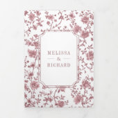 White Dusty Roos Chinoiserie Crest QR Code Huwelij Drieluik Uitnodiging (Cover)