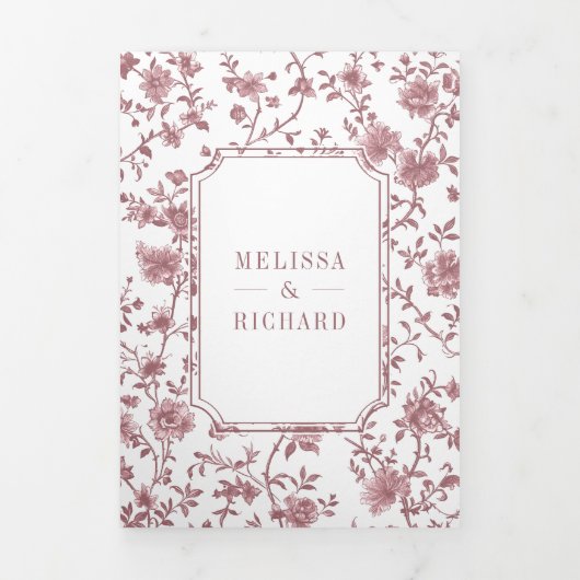 White Dusty Roos Chinoiserie Crest QR Code Huwelij Drieluik Uitnodiging (Cover)