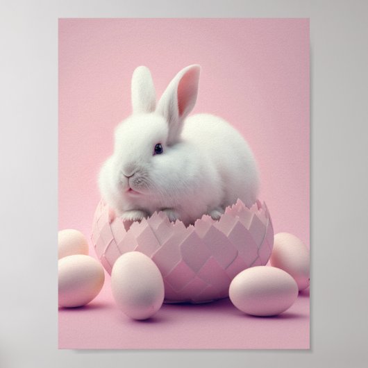 White Easter Bunny and Eggs Pink Background Poster (Voorkant)
