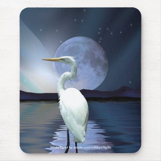 WHITE EGRET, MOON & AURORA Mousepad Muismat (Voorkant)