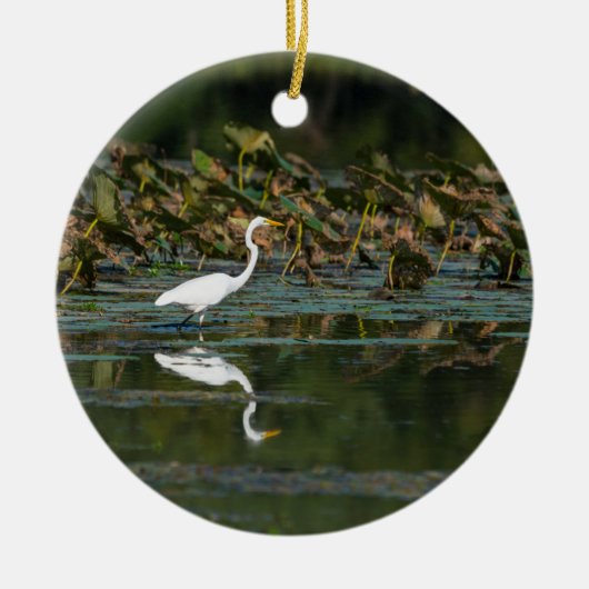 White Egret Reflection Keramisch Ornament (Voorkant)