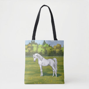 White Egyptian Arabian Horse in Summer Pasture Draagtas