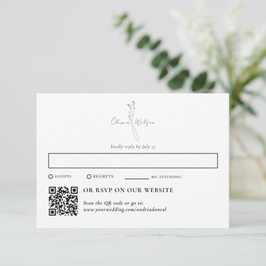 White Elegant Botanical Traditional & QR Code RSVP Kaartje (Staand voorkant)