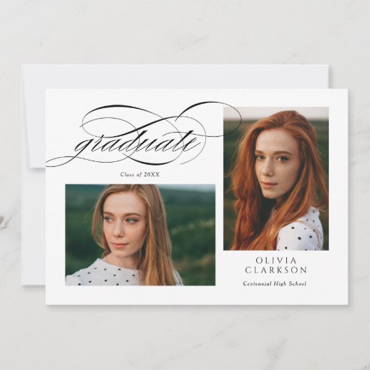 White Elegant Script 3 Foto Afstudeerfeest Kaart (Voorkant)