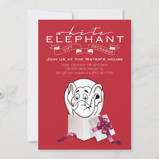 White Elephant Party Uitnodiging | Aangepaste kleu (Voorkant)