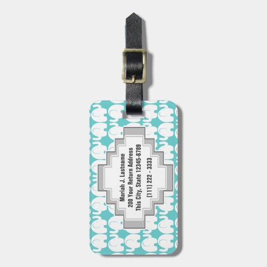 White Elephant Pattern Aqua Monogram Bagagelabel (Voorkant verticaal)