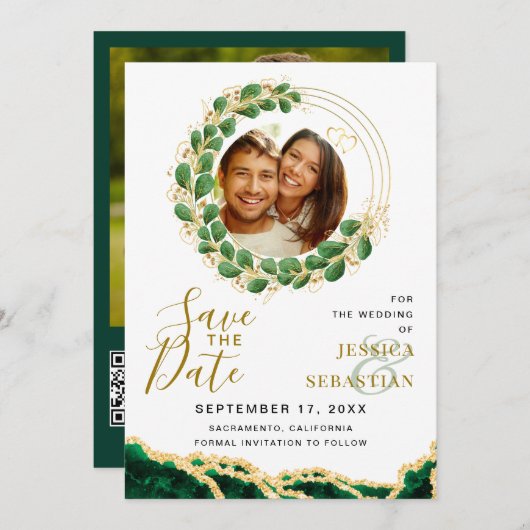White Emerald Green & Gold Add QR Code Foto Save The Date (Voorkant / Achterkant)