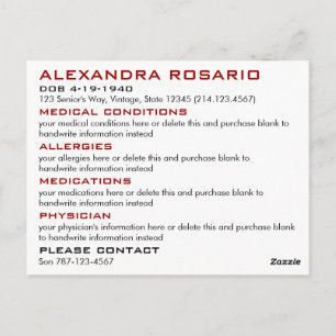 White Emergency Medical Alert Briefkaart