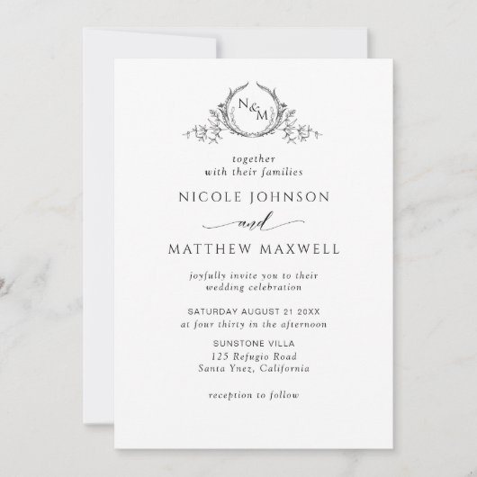 White en Black, Elegant Monogram Wedding Kaart (Voorkant)