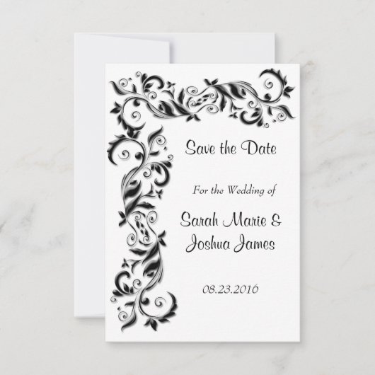White en Black Floral Scroll  Wedding Save The Date (Voorkant)