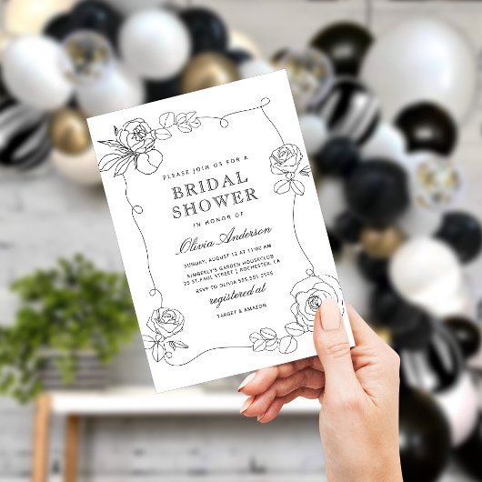 White en Black Modern Floral Invitation Kaart