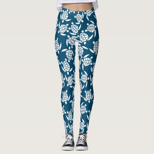 White en Blue Coastal Style Turtle Pattern Leggings (Voorkant)