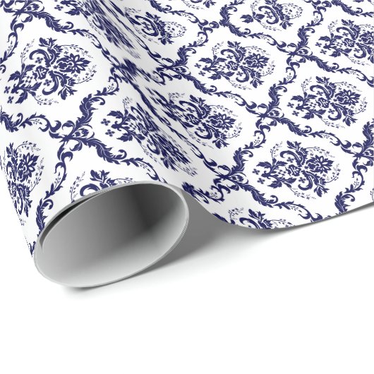 White en Blue Floral Damashen 4-patroon Cadeaupapier (Rol Hoek)