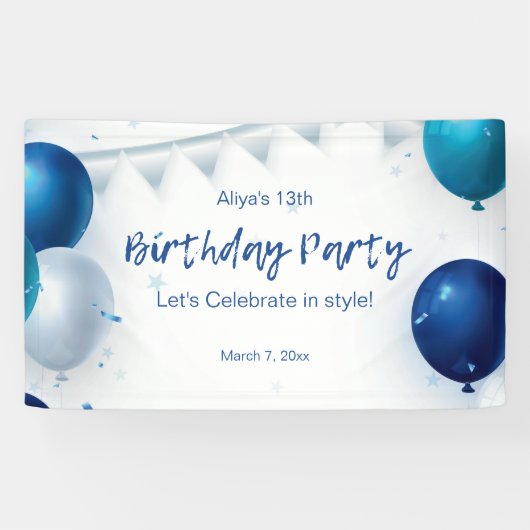 White en Blue Modern Birthday Party Spandoek (Horizontaal)