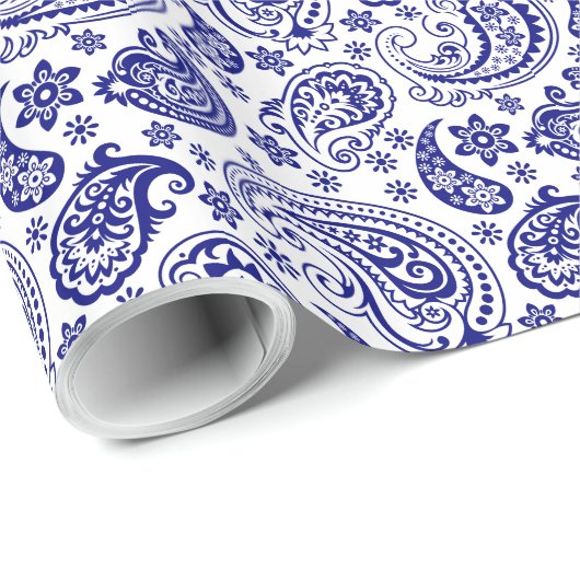 White en Blue Paisley Pattern Cadeaupapier (Rol Hoek)