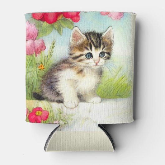 White en Brown Kitten met bloemen Blikjeskoeler (Voorkant)