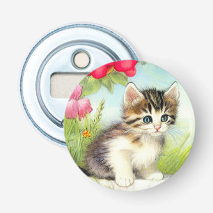  White en Brown Kitten met bloemen Button Flesopener