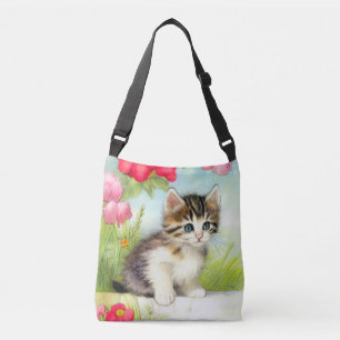 White en Brown Kitten met bloemen Crossbody Tas