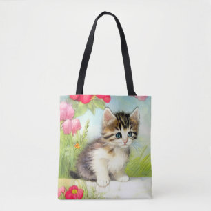 White en Brown Kitten met bloemen Draagtas