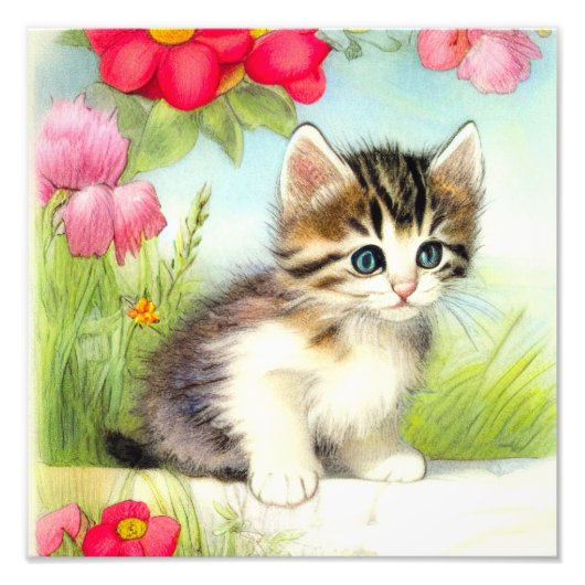  White en Brown Kitten met bloemen Foto Afdruk (Voorkant)