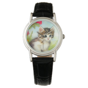  White en Brown Kitten met bloemen Horloge