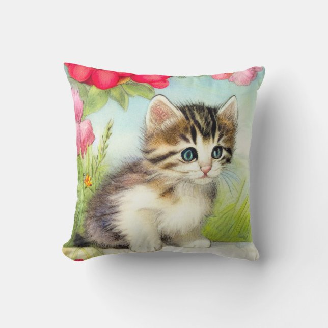  White en Brown Kitten met bloemen Kussen (Voorkant)