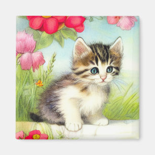  White en Brown Kitten met bloemen Magneet