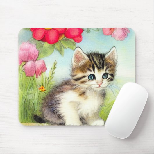  White en Brown Kitten met bloemen Muismat (Met muis)