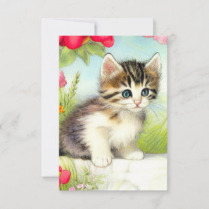 White en Brown Kitten met bloemen RSVP Kaartje