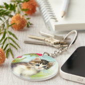 White en Brown Kitten met bloemen Sleutelhanger (Voorkant Rechts)