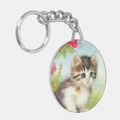 White en Brown Kitten met bloemen Sleutelhanger (Voorkant Links)