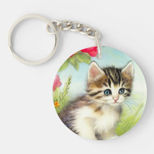  White en Brown Kitten met bloemen Sleutelhanger
