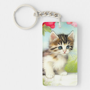 White en Brown Kitten met bloemen Sleutelhanger