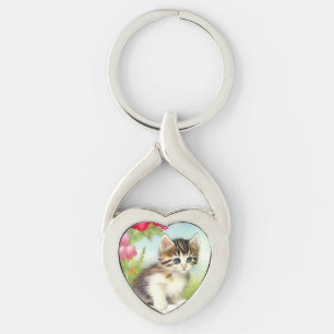  White en Brown Kitten met bloemen Sleutelhanger