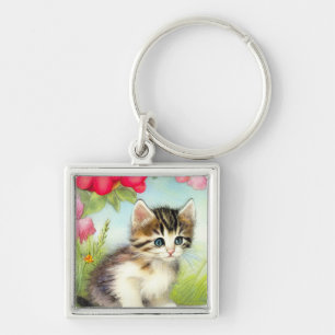 White en Brown Kitten met bloemen Sleutelhanger