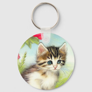  White en Brown Kitten met bloemen Sleutelhanger