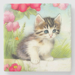  White en Brown Kitten met bloemen Stenen Onderzetter
