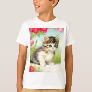 White en Brown Kitten met bloemen T-shirt