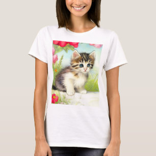  White en Brown Kitten met bloemen T-shirt