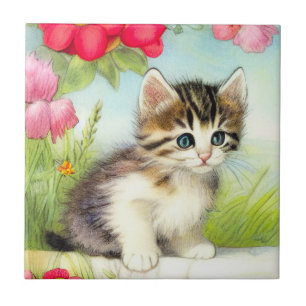  White en Brown Kitten met bloemen Tegeltje