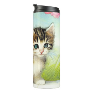White en Brown Kitten met bloemen Thermosbeker