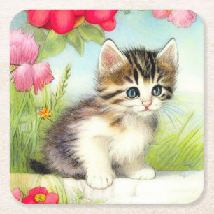  White en Brown Kitten met bloemen Vierkante Kartonnen Onderzetter