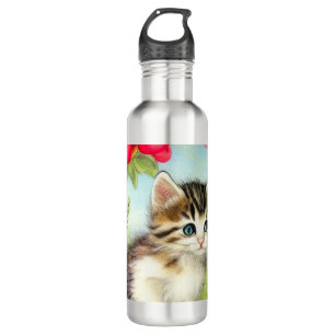  White en Brown Kitten met bloemen Waterfles