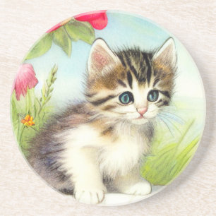 White en Brown Kitten met bloemen Zandsteen Onderzetter