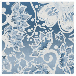 White en Classic Blue Boho Flowers Stof