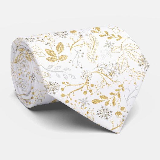 White en Gold Glittery Nordic Pattern Stropdas (Opgerold)