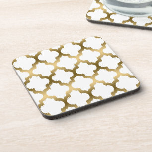 White en Gold Ikat Quatrefoil Patroon Drankjes Onderzetter