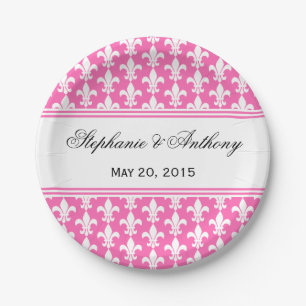 White en Hot Pink Fleur de Lis Wedding Papieren Bordje