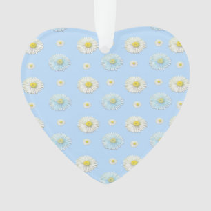 White en light blue Daisy Pattern Heart Ornament